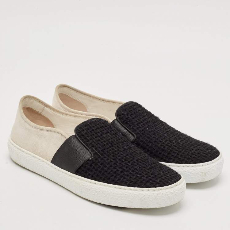 Pre Owned Chanel Black/White Tweed And Suede Slip On Sneakers Size 39