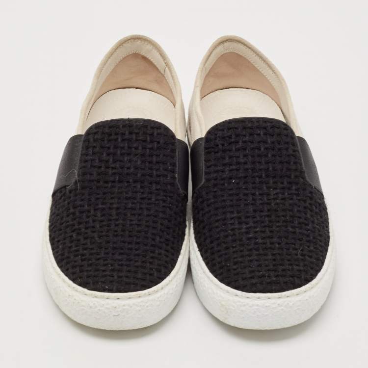 Pre Owned Chanel Black/White Tweed And Suede Slip On Sneakers Size 39