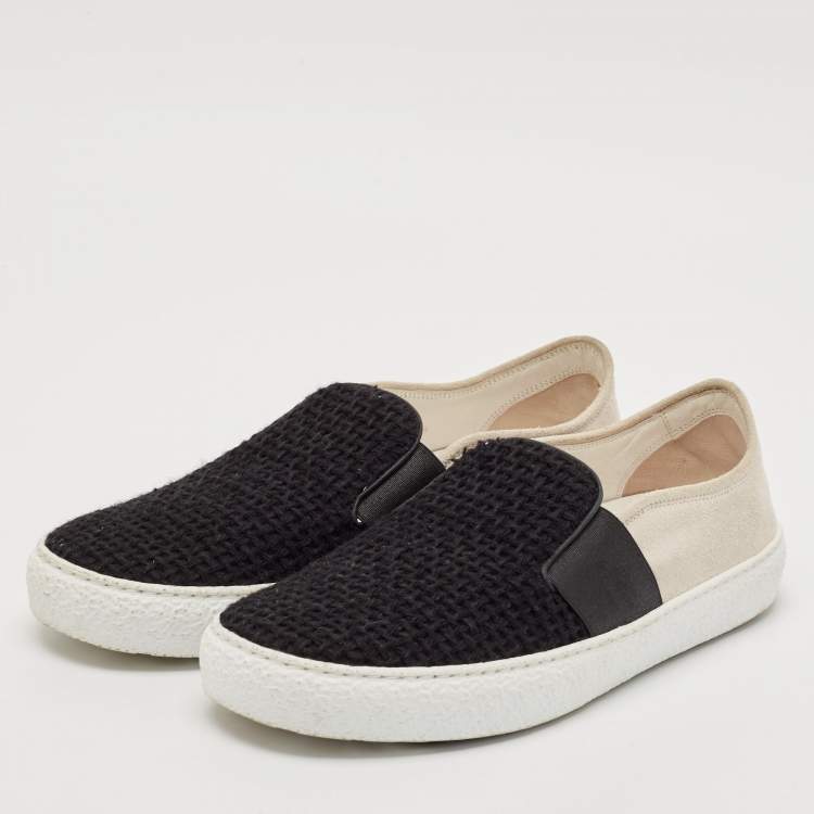 Pre Owned Chanel Black/White Tweed And Suede Slip On Sneakers Size 39