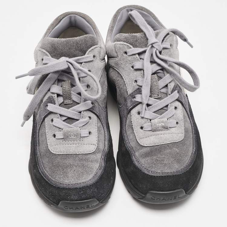 Pre Owned Chanel Tricolor Suede  CC Lace Up Sneakers Size 36