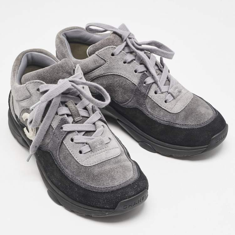 Pre Owned Chanel Tricolor Suede  CC Lace Up Sneakers Size 36
