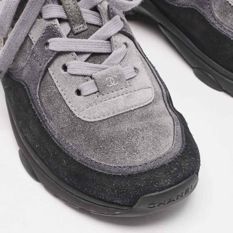 Pre Owned Chanel Tricolor Suede  CC Lace Up Sneakers Size 36