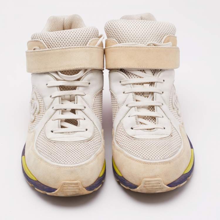 Pre Owned Chanel Multicolor Leather and Mesh CC High Top Sneakers Size 44