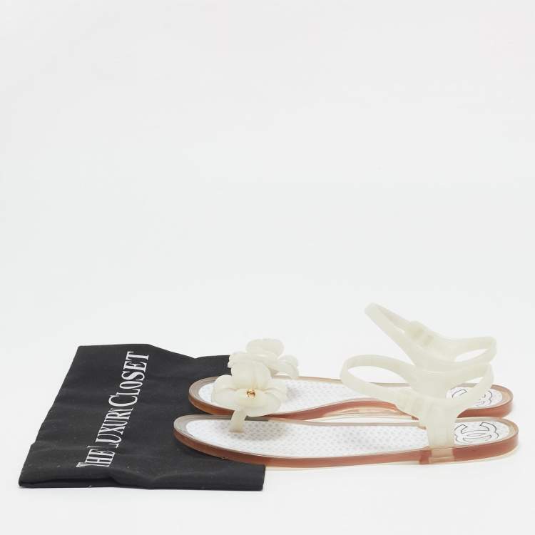 Pre Owned Chanel CC Camellia Size 37 White Jelly Thong Flat Sandals