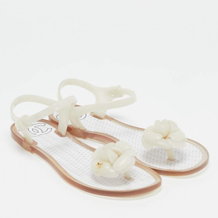 Pre Owned Chanel CC Camellia Size 37 White Jelly Thong Flat Sandals