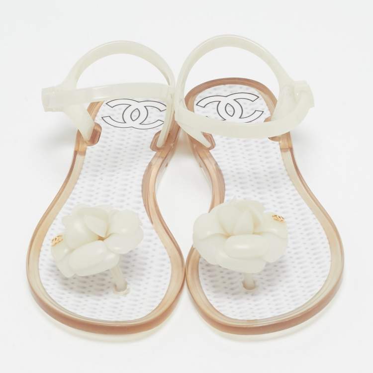 Pre Owned Chanel CC Camellia Size 37 White Jelly Thong Flat Sandals