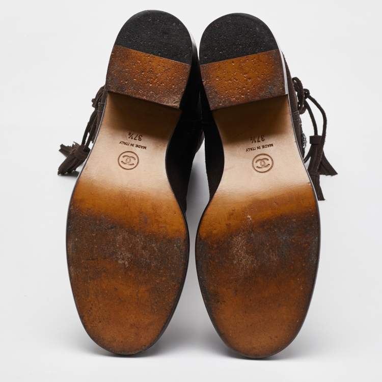 Pre Owned Chanel Dark Brown Suede Embroidered Tassel Calf Length Boots Size 37.5