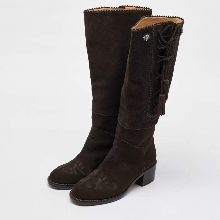 Pre Owned Chanel Dark Brown Suede Embroidered Tassel Calf Length Boots Size 37.5