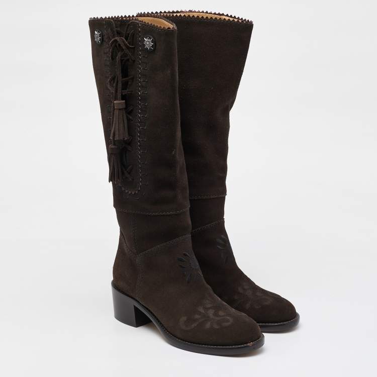 Pre Owned Chanel Dark Brown Suede Embroidered Tassel Calf Length Boots Size 37.5