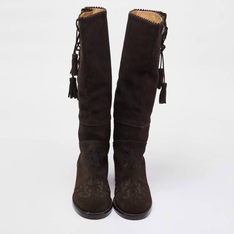 Pre Owned Chanel Dark Brown Suede Embroidered Tassel Calf Length Boots Size 37.5