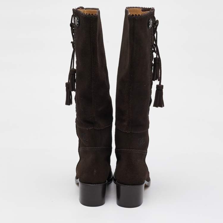 Pre Owned Chanel Dark Brown Suede Embroidered Tassel Calf Length Boots Size 37.5