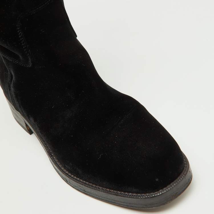 Pre Owned Chanel Black Velvet CC Knee Length Boots Size 38.5