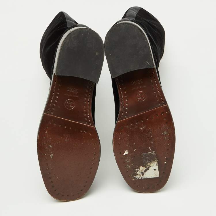 Pre Owned Chanel Black Velvet CC Knee Length Boots Size 38.5