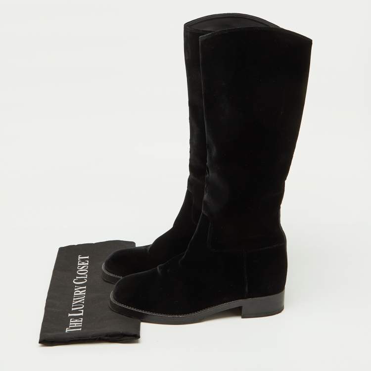 Pre Owned Chanel Black Velvet CC Knee Length Boots Size 38.5
