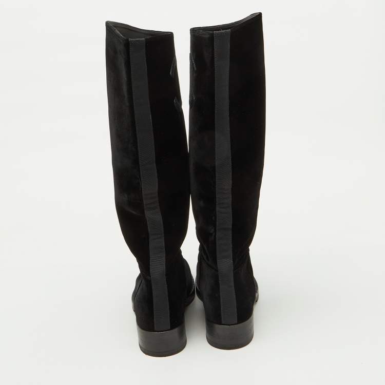 Pre Owned Chanel Black Velvet CC Knee Length Boots Size 38.5