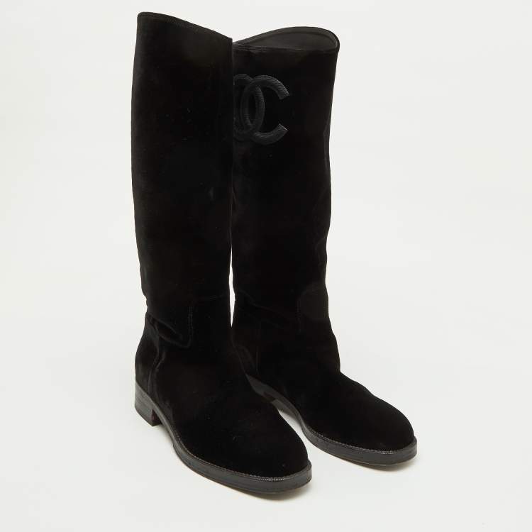 Pre Owned Chanel Black Velvet CC Knee Length Boots Size 38.5