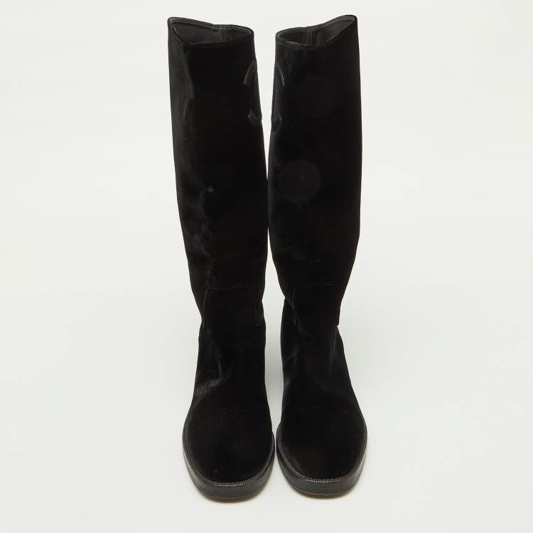 Pre Owned Chanel Black Velvet CC Knee Length Boots Size 38.5