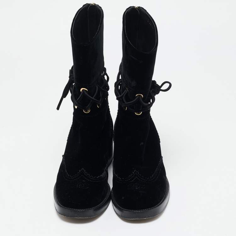 Pre Owned Chanel Black Velvet Lace Mid Calf Boots Size 38.5