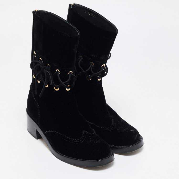 Pre Owned Chanel Black Velvet Lace Mid Calf Boots Size 38.5