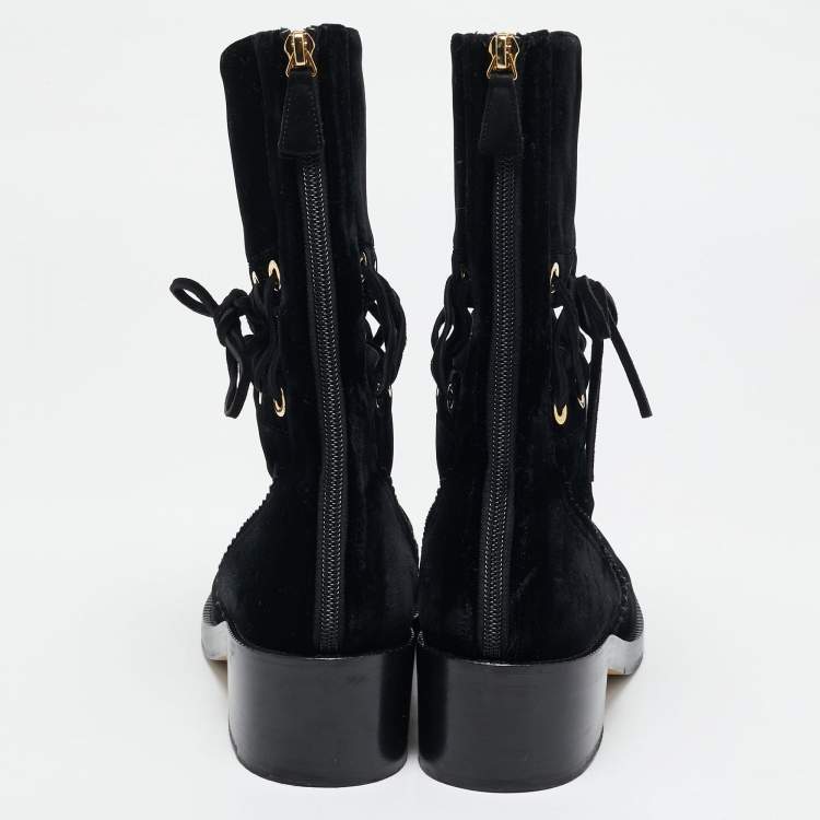 Pre Owned Chanel Black Velvet Lace Mid Calf Boots Size 38.5