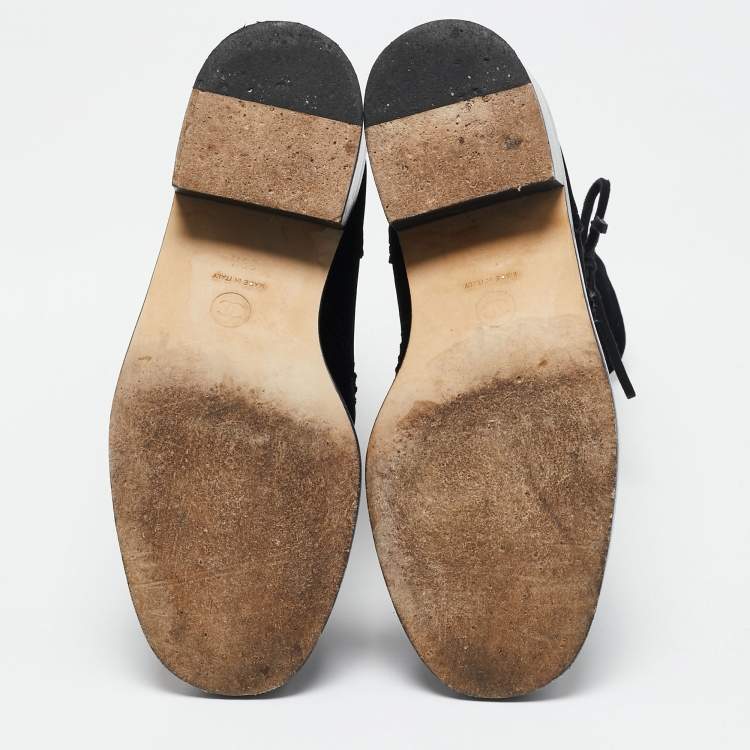 Pre Owned Chanel Black Velvet Lace Mid Calf Boots Size 38.5