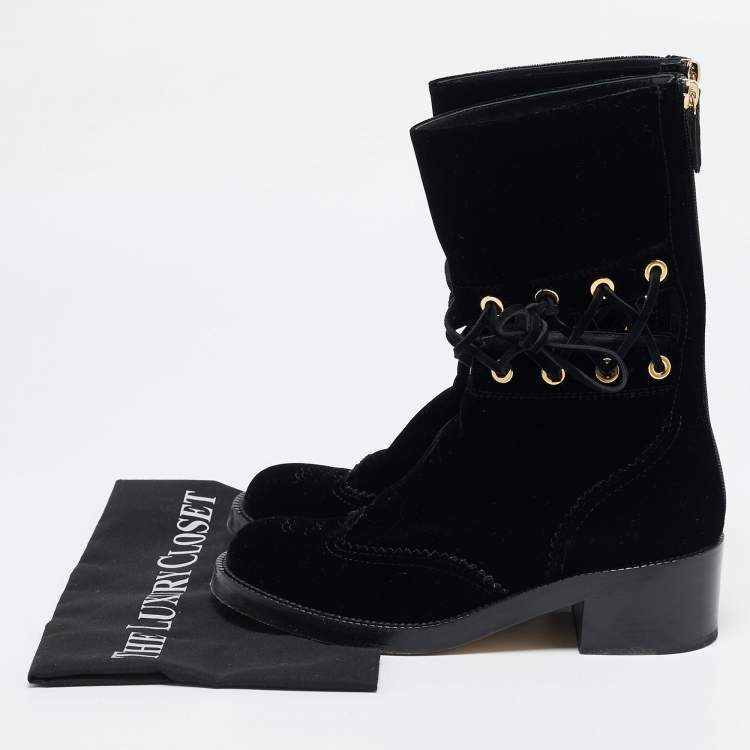 Pre Owned Chanel Black Velvet Lace Mid Calf Boots Size 38.5