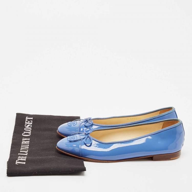 Pre Owned Chanel Blue Patent Leather CC Bow Cap Toe Ballet Flats Size 39