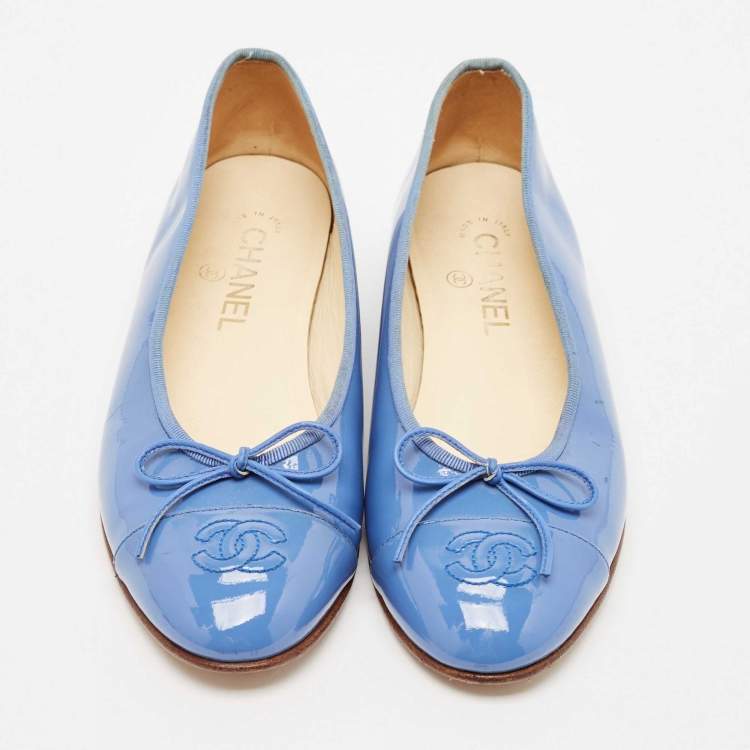 Pre Owned Chanel Blue Patent Leather CC Bow Cap Toe Ballet Flats Size 39