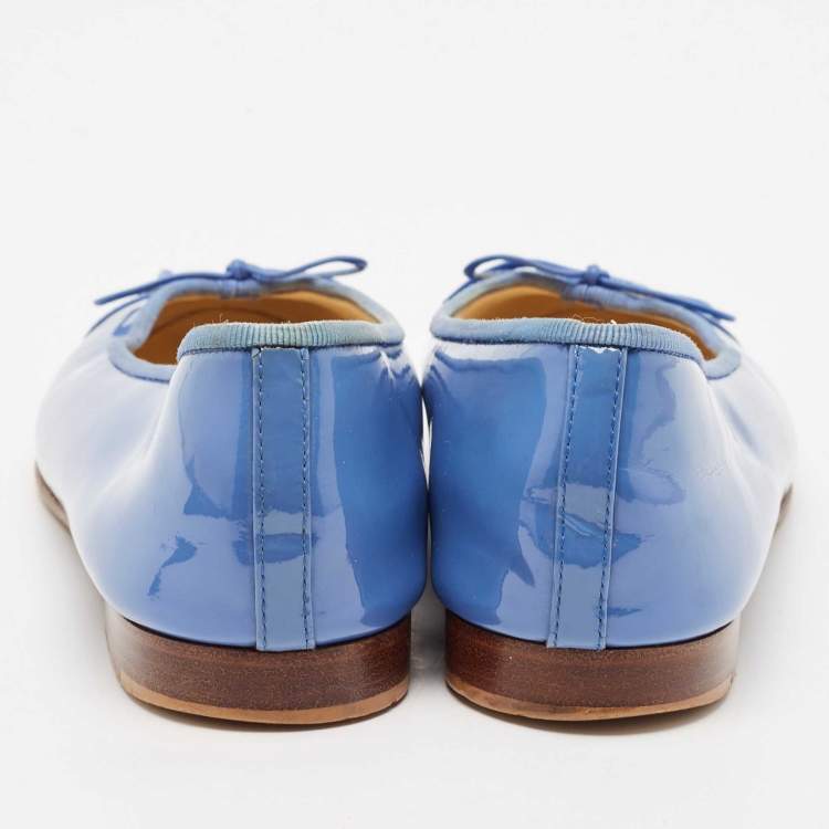Pre Owned Chanel Blue Patent Leather CC Bow Cap Toe Ballet Flats Size 39
