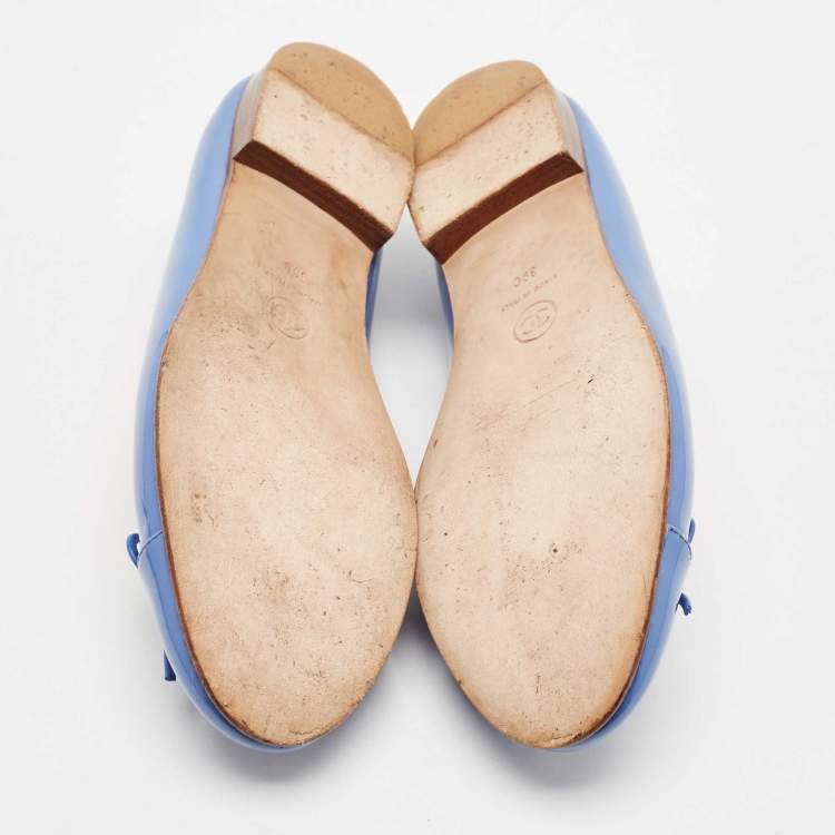 Pre Owned Chanel Blue Patent Leather CC Bow Cap Toe Ballet Flats Size 39