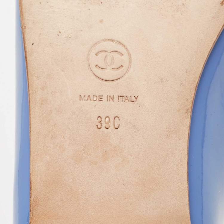 Pre Owned Chanel Blue Patent Leather CC Bow Cap Toe Ballet Flats Size 39