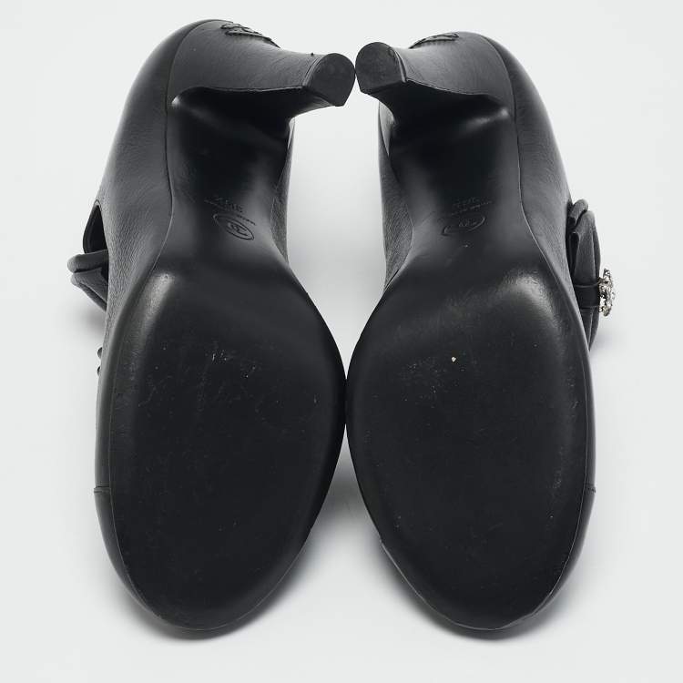 Pre Owned Chanel Black Leather Crystal Star Bow Booties Size 39.5