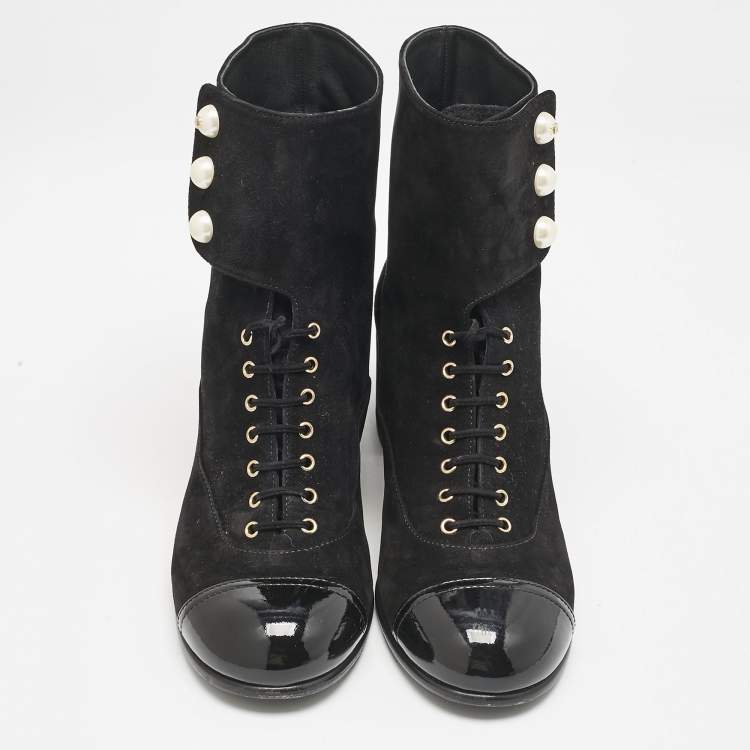 Pre Owned Chanel Black Suede and Patent Leather Cap Toe CC Pearl Ankle Boots Size 40