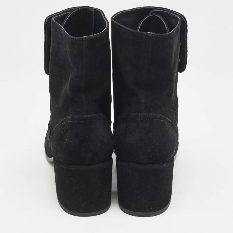Pre Owned Chanel Black Suede and Patent Leather Cap Toe CC Pearl Ankle Boots Size 40
