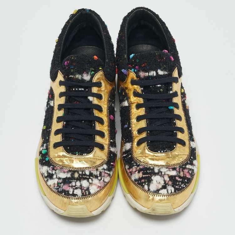 Pre Owned Chanel Multicolor Tweed and Leather Lace Up Sneakers Size 38