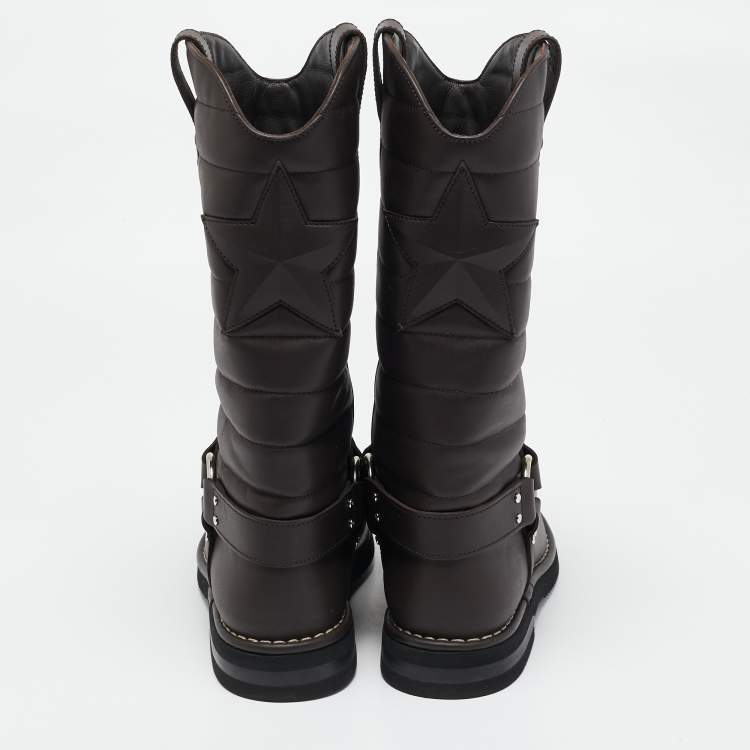 Pre Owned Chanel Brown Leather Star Harness CC Mid Calf Boots Size 39