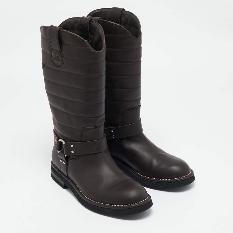 Pre Owned Chanel Brown Leather Star Harness CC Mid Calf Boots Size 39
