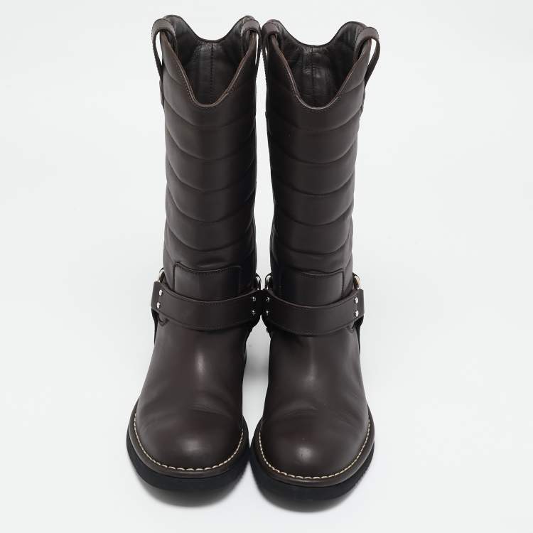 Pre Owned Chanel Brown Leather Star Harness CC Mid Calf Boots Size 39