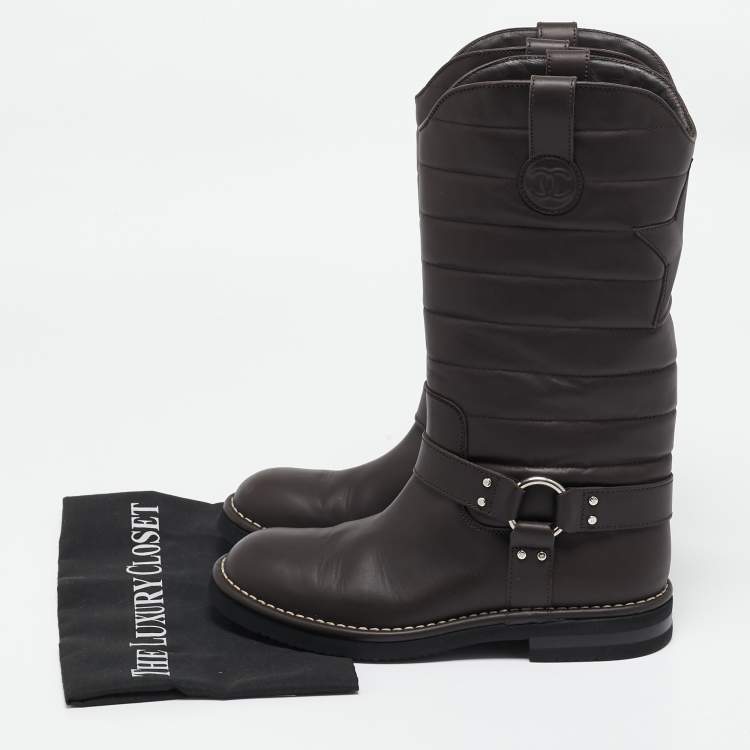 Pre Owned Chanel Brown Leather Star Harness CC Mid Calf Boots Size 39