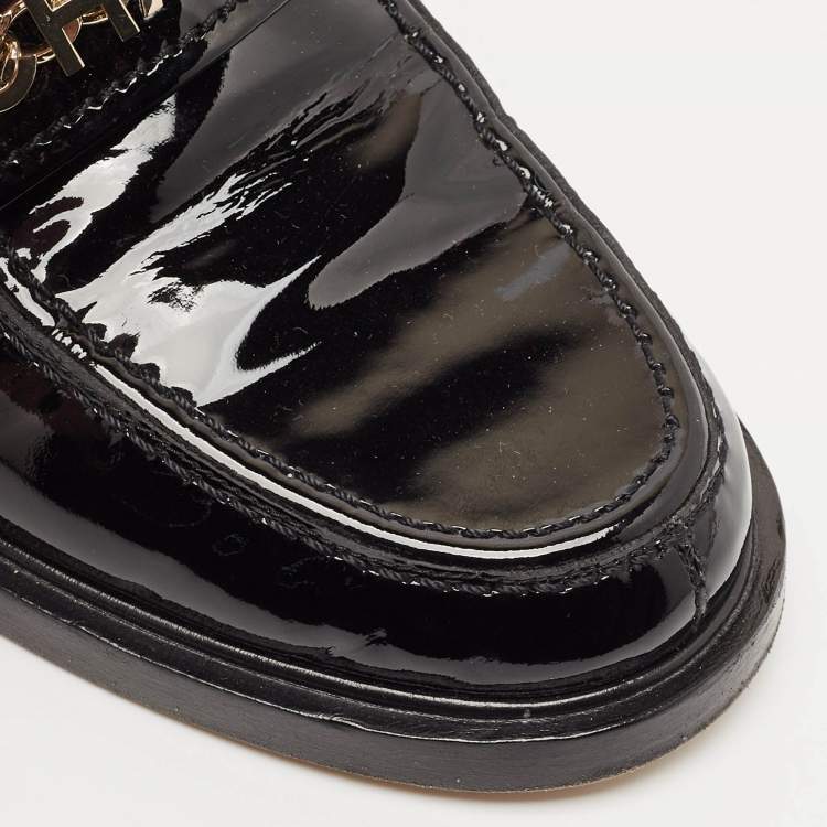 Pre Owned Chanel Black Patent Leather CC Slip On Loafers Size 38