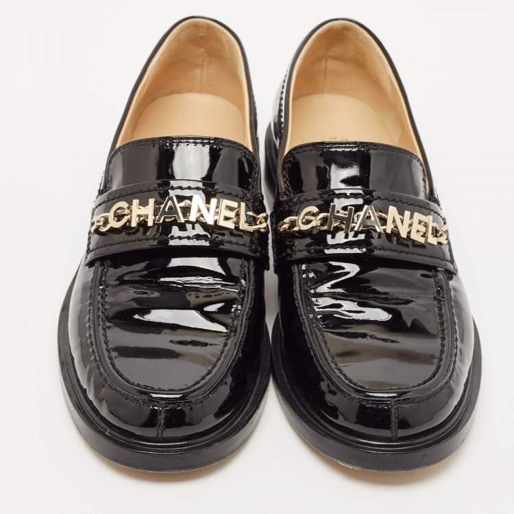 Pre Owned Chanel Black Patent Leather CC Slip On Loafers Size 38