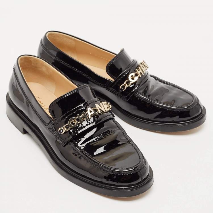 Pre Owned Chanel Black Patent Leather CC Slip On Loafers Size 38