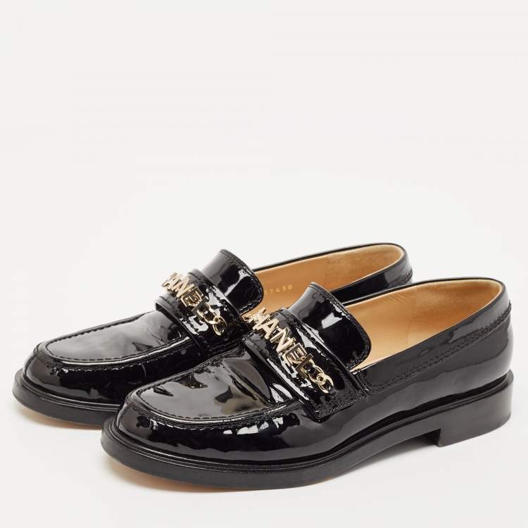 Pre Owned Chanel Black Patent Leather CC Slip On Loafers Size 38