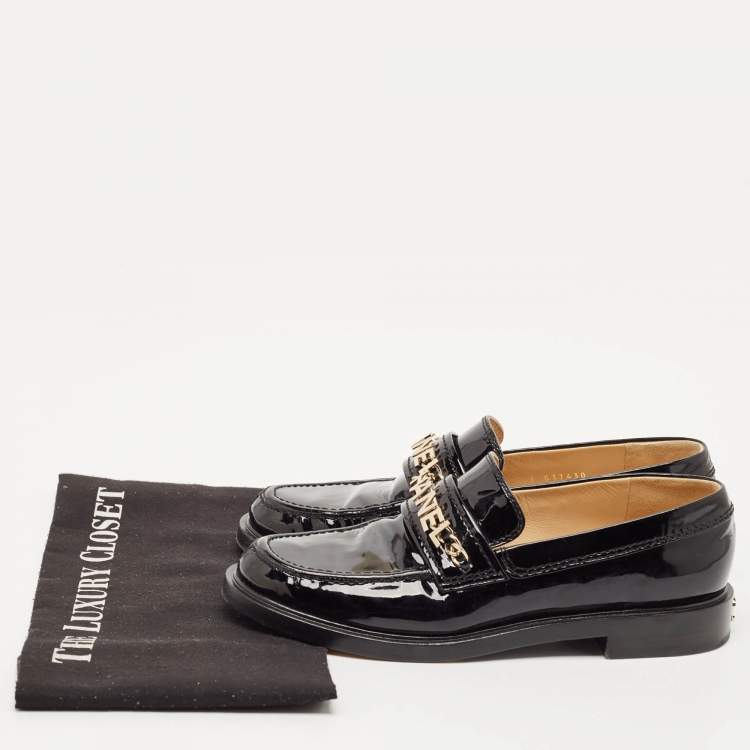 Pre Owned Chanel Black Patent Leather CC Slip On Loafers Size 38
