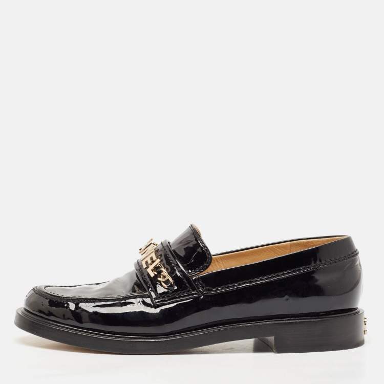 Pre Owned Chanel Black Patent Leather CC Slip On Loafers Size 38