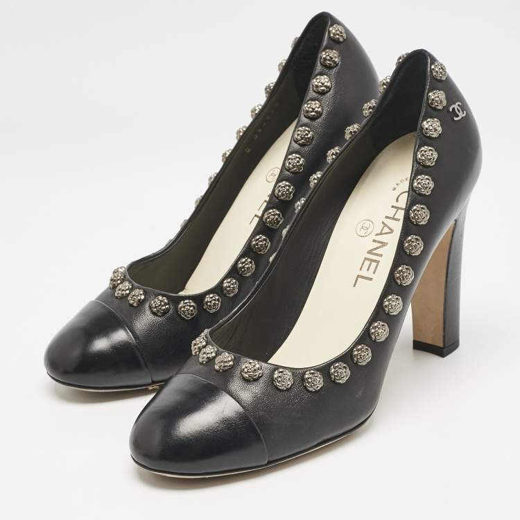 Pre Owned Chanel Black Leather CC Camelia Stud Cap Toe Pumps Size 38