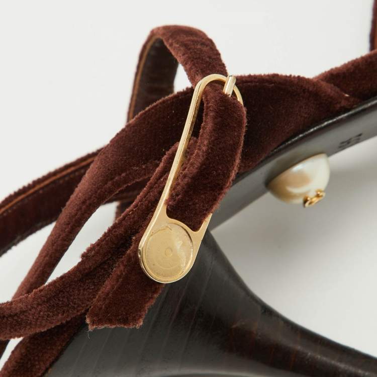 Pre Owned Chanel Dark Brown Velvet Ankle Strap Sandals Size 36.5