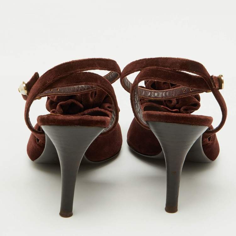 Pre Owned Chanel Dark Brown Velvet Ankle Strap Sandals Size 36.5