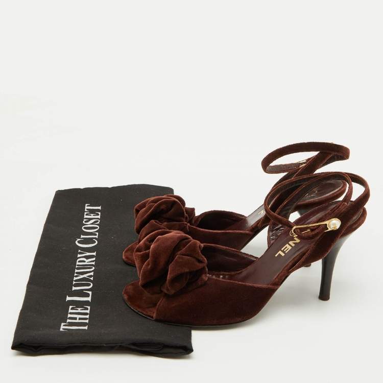 Pre Owned Chanel Dark Brown Velvet Ankle Strap Sandals Size 36.5