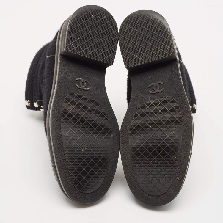 Pre Owned Chanel Black Wool CC Combat Boots Size 37